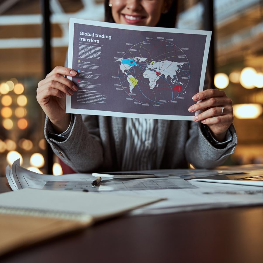 Cheerful businesswoman working in trading transfers, demonstrating scheme of plans for future